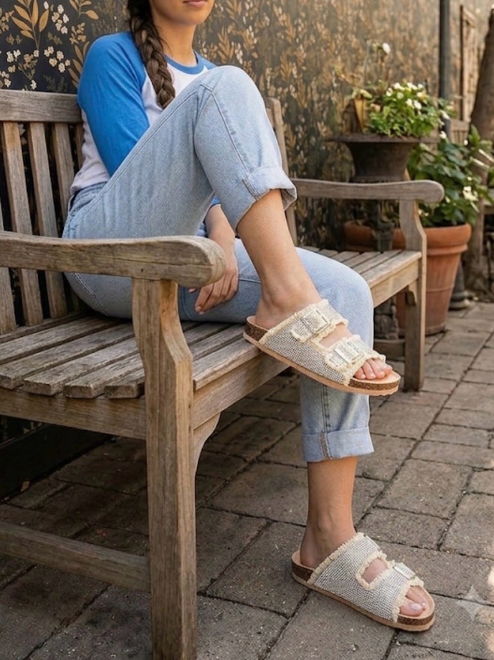 KAYLEEN by Los Angeles Stevie Rhinestone Denim Slides Women’s 6.5 Silver Yellow